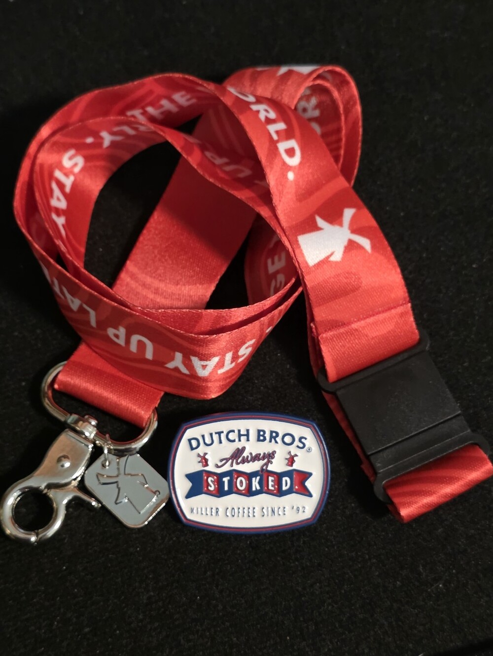 Dutch Bros Red Lanyard with 'Always Stoked' Enamel Pin